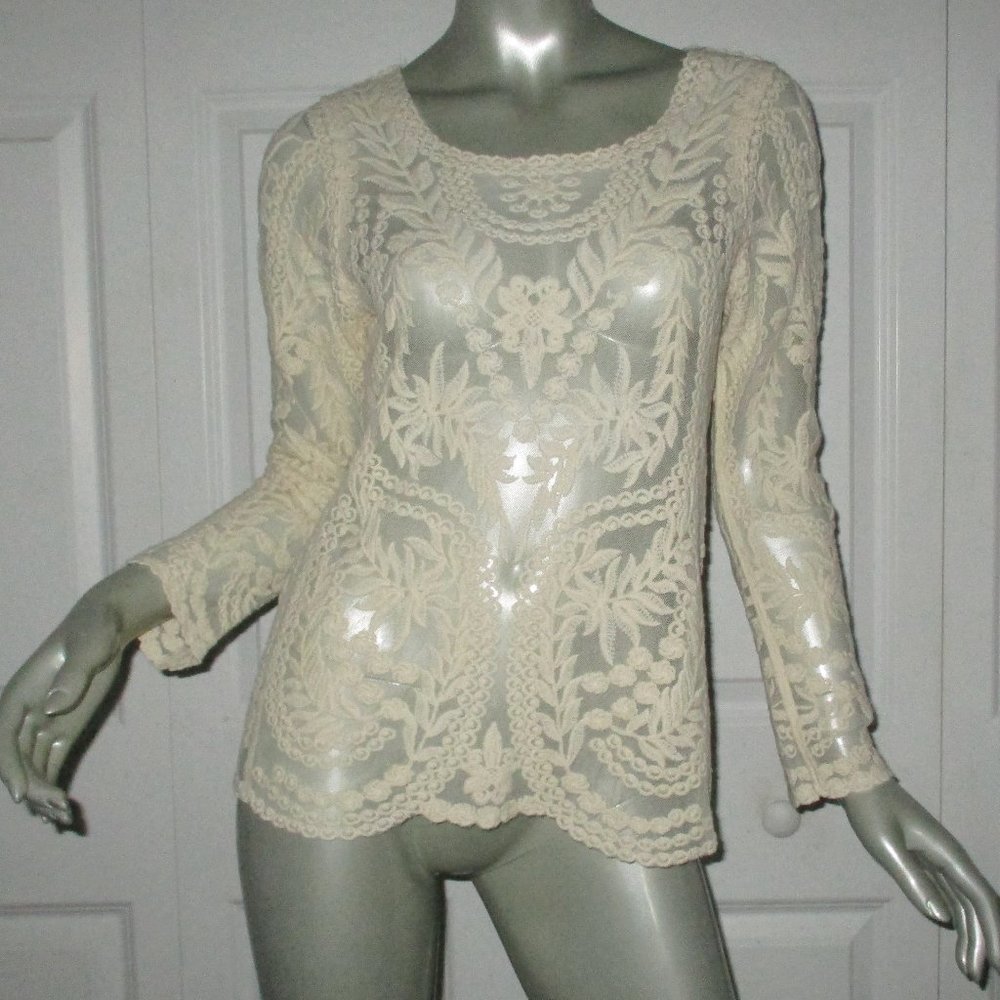 EXPRESS Cream Embroidered Mesh Long Sleeve Top
